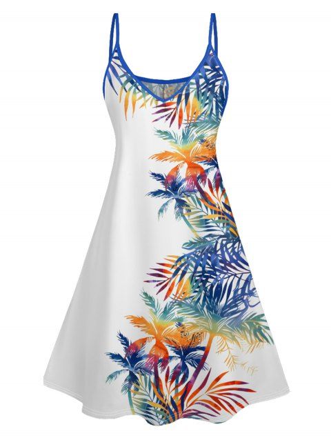 Colorful Tropical Palm Leaf Pattern Vacation Dress Spaghetti Strap A Line Beach Tank Dress