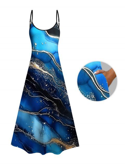 Colorblock Marble Printed Vacation Dress Spaghetti Strap A Line Casual Tank Dress