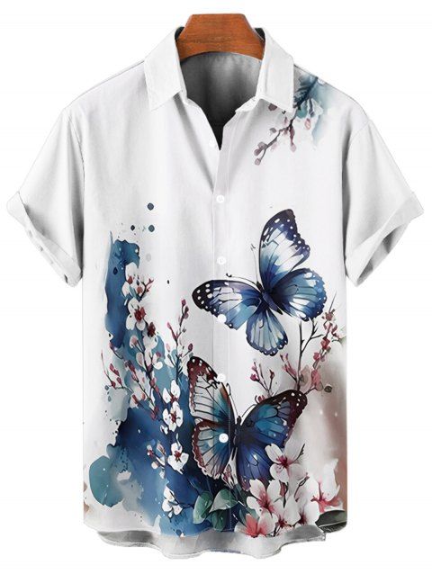 Chemise de Vacances Décontractée Plissée Fleur de Pêcher à Manches Roulées