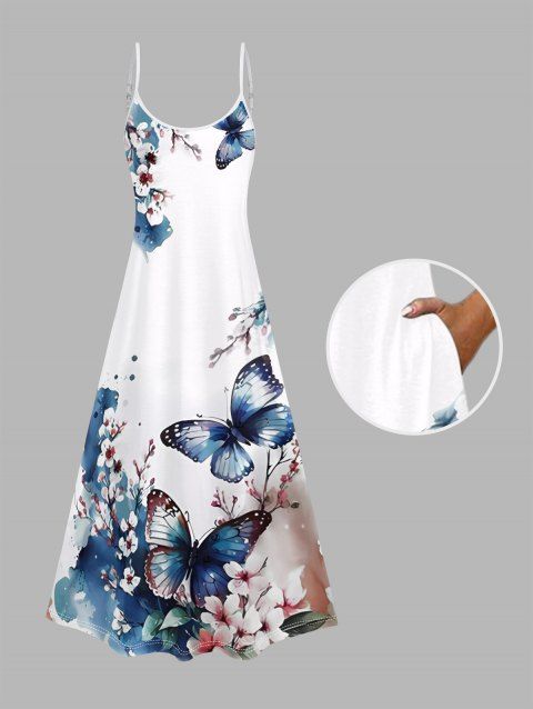 Robe de Vacances Décontractée Ligne A Motif de Papillon Fleur Aquarelle avec Poche