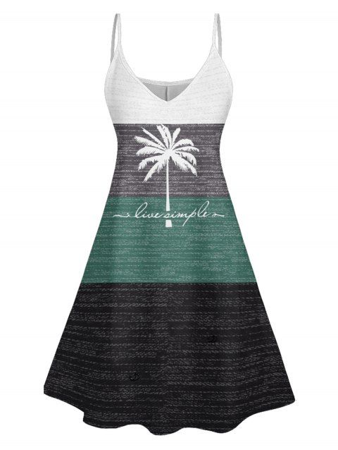 Robe de Vacances Ligne A Rayée Palmier Lettre Imprimée en Couleur Contrastée à Bretelle Fine