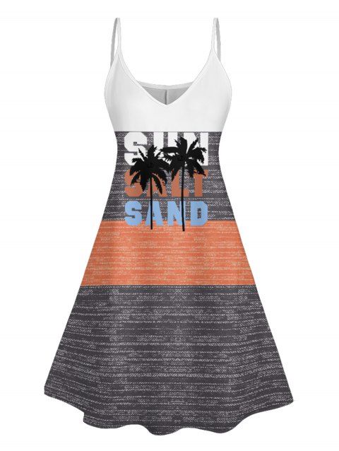 Robe de Vacances Ligne A Rayée Palmier Lettre Imprimée en Couleur Contrastée à Bretelle Fine