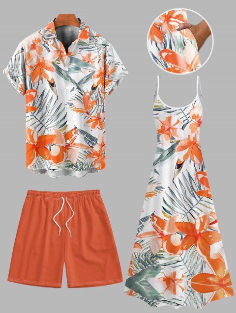 Vacation Couple Outfit Tropical Leaf Flower Pattern Spaghetti Strap Pocket Dress and Roll Up Sleeve Shirt Solid Color Drawstrings Beach Shorts Matching Outfit