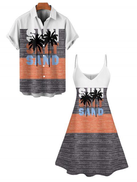 Vacation Couple Outfit Contrast Color Palm Tree Letter Pattern Spaghetti Strap A Line Tank Dress and Roll Up Sleeve Shirt Matching Outfit