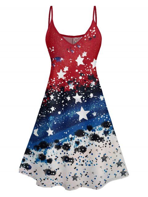 Independence Day Contrast Color American Flag Pattern Dress Stripe Star Spaghetti Strap A Line Patriotic Tank Dress