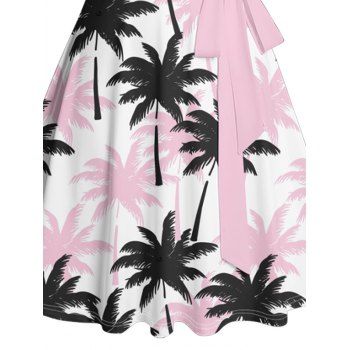 Tropical Colorblock Coconut Tree Print Vacation Dress Ruched Bust Sleeveless Belt A Line Beach Dress