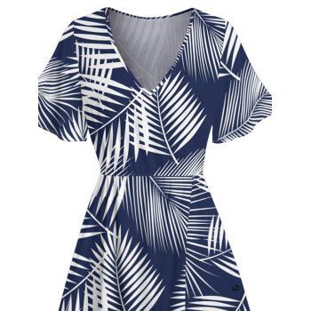 Allover Palm Leaf Pattern Vacation Dress Flare Sleeve V Neck High Waist Slit A Line Dress