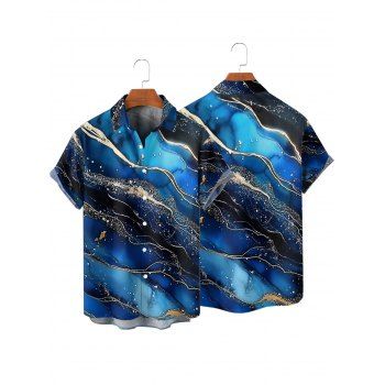 Men's Colorblock Marble Printed Vacation Shirt Roll Up Sleeve Button Up Casual Shirt
