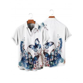 Vacation Couple Outfit Watercolor Ink Butterfly Peach Blossom Pattern Pocket Spaghetti Strap Dress and Roll Up Sleeve Shirt Matching Outfit