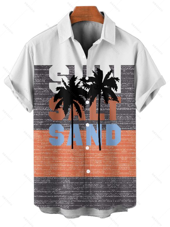 Chemise de Plage Lettre Motif de Palmier en Blocs de Couleurs à Manches Roulées pour Homme - multicolor A M