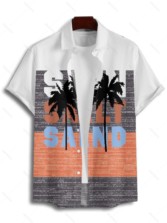 Chemise de Plage Lettre Motif de Palmier en Blocs de Couleurs à Manches Roulées pour Homme - multicolor A 2XL