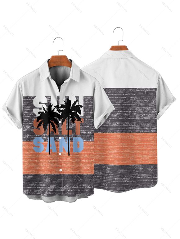 Chemise de Plage Lettre Motif de Palmier en Blocs de Couleurs à Manches Roulées pour Homme - multicolor A 2XL