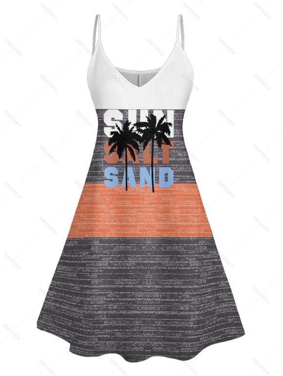 Vacation Couple Outfit Contrast Color Palm Tree Letter Pattern Spaghetti Strap A Line Tank Dress and Roll Up Sleeve Shirt Matching Outfit - multicolor A S | US 4