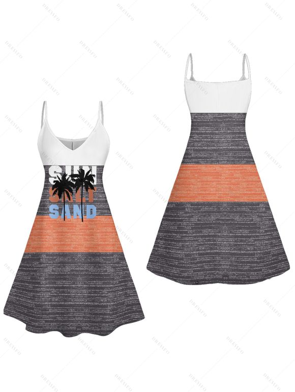 Vacation Couple Outfit Contrast Color Palm Tree Letter Pattern Spaghetti Strap A Line Tank Dress and Roll Up Sleeve Shirt Matching Outfit - multicolor A S | US 4