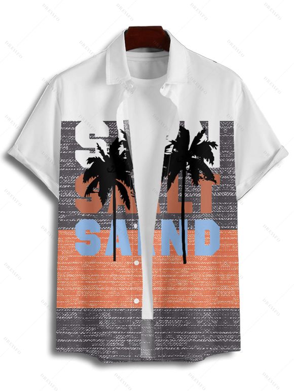 Vacation Couple Outfit Contrast Color Palm Tree Letter Pattern Spaghetti Strap A Line Tank Dress and Roll Up Sleeve Shirt Matching Outfit - multicolor A S | US 4