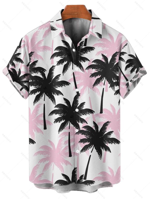 Chemise de Plage Boutonnée Motif de Cocotier en Blocs de Couleurs à Manches Roulées pour Homme - Rose clair XL