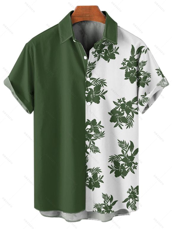 Chemise de Vacances Vintage Fleur Imprimée en Couleur Contrastée Boutonnée à Manches Roulées - Vert profond XL