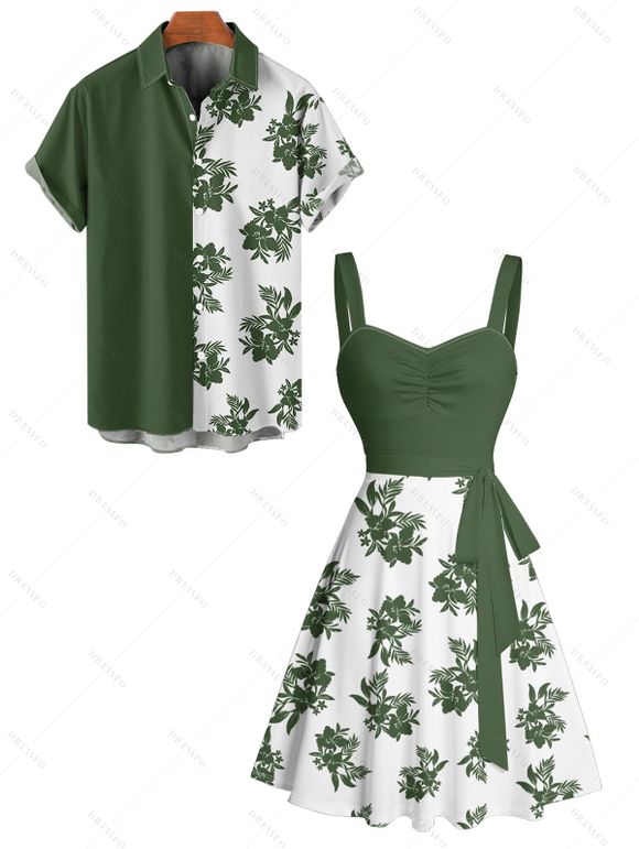 Vacation Couple Outfit Contrast Color Floral Print Ruched Bust Belt Dress and Roll Up Sleeve Shirt Vintage Matching Outfit - Vert profond S | US 4