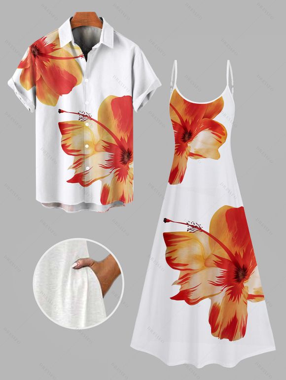 Vacation Couple Outfit Tropical Floral Pattern Spaghetti Strap Pocket A Line Dress and Roll Up Sleeve Shirt Matching Outfit - Orange S | US 4