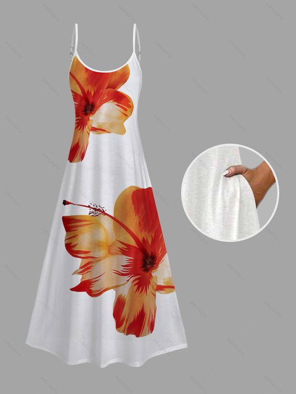 Vacation Couple Outfit Tropical Floral Pattern Spaghetti Strap Pocket A Line Dress and Roll Up Sleeve Shirt Matching Outfit - Orange S | US 4