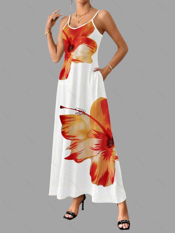 Vacation Couple Outfit Tropical Floral Pattern Spaghetti Strap Pocket A Line Dress and Roll Up Sleeve Shirt Matching Outfit - Orange S | US 4