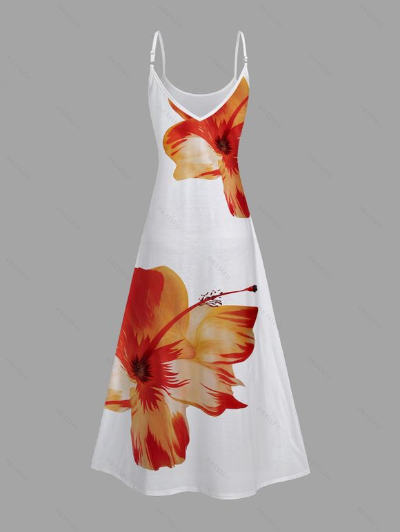 Vacation Couple Outfit Tropical Floral Pattern Spaghetti Strap Pocket A Line Dress and Roll Up Sleeve Shirt Matching Outfit - Orange S | US 4