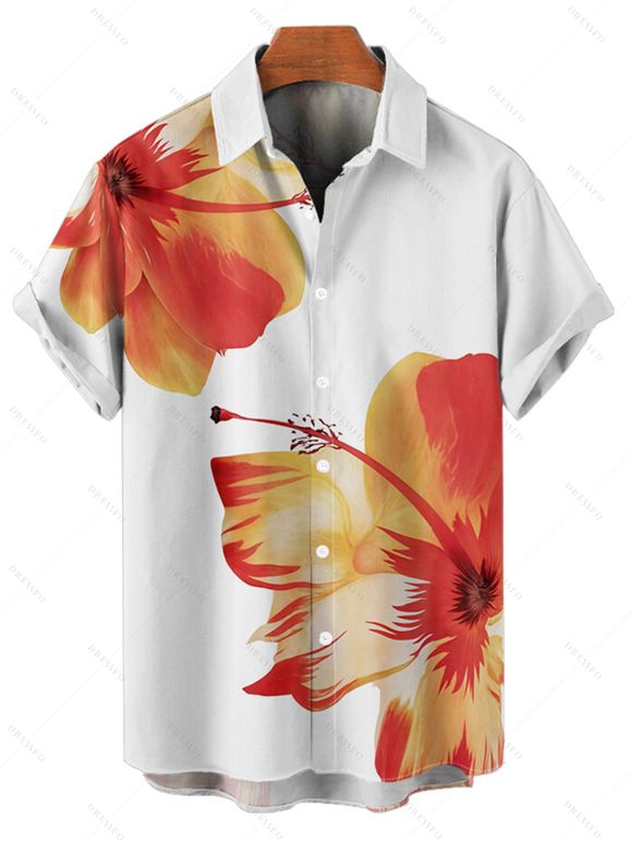 Vacation Couple Outfit Tropical Floral Pattern Spaghetti Strap Pocket A Line Dress and Roll Up Sleeve Shirt Matching Outfit - Orange S | US 4