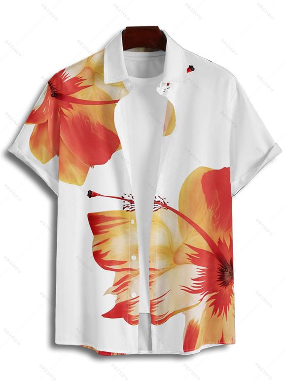 Vacation Couple Outfit Tropical Floral Pattern Spaghetti Strap Pocket A Line Dress and Roll Up Sleeve Shirt Matching Outfit - Orange S | US 4