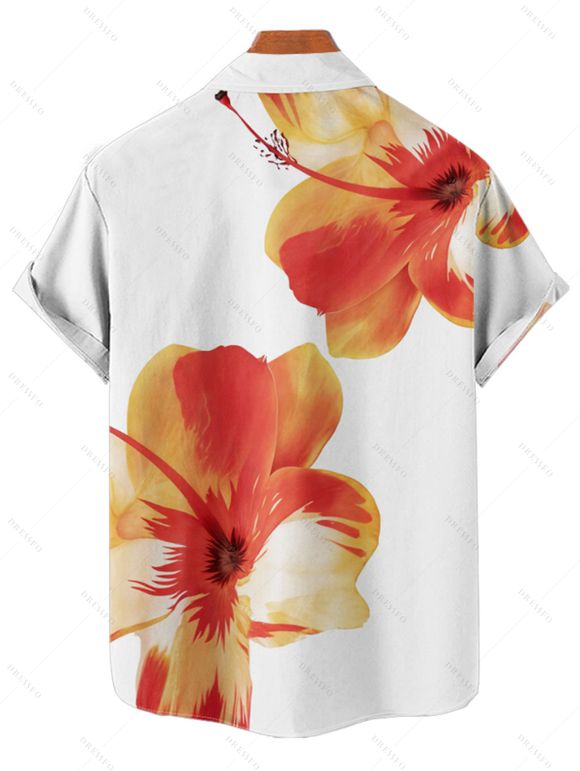 Vacation Couple Outfit Tropical Floral Pattern Spaghetti Strap Pocket A Line Dress and Roll Up Sleeve Shirt Matching Outfit - Orange S | US 4