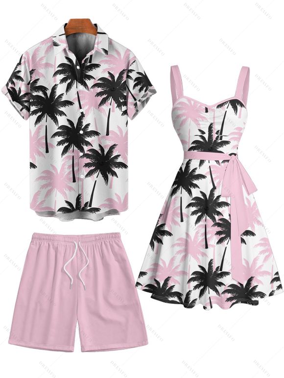 Vacation Couple Outfit Colorblock Coconut Tree Print Ruched Bust Belt Dress and Roll Up Sleeve Shirt Solid Color Drawstrings Beach Shorts Matching Outfit - Rose clair S | US 4