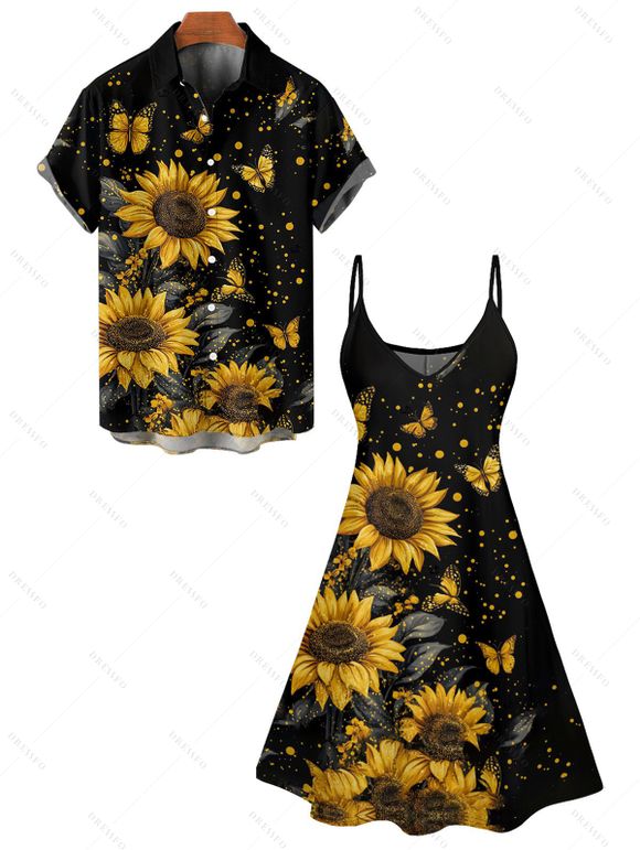 Vacation Couple Outfit Sunflower Butterfly Dots Pattern Spaghetti Strap A Line Tank Dress and Roll Up Sleeve Shirt Matching Outfit - Noir S | US 4