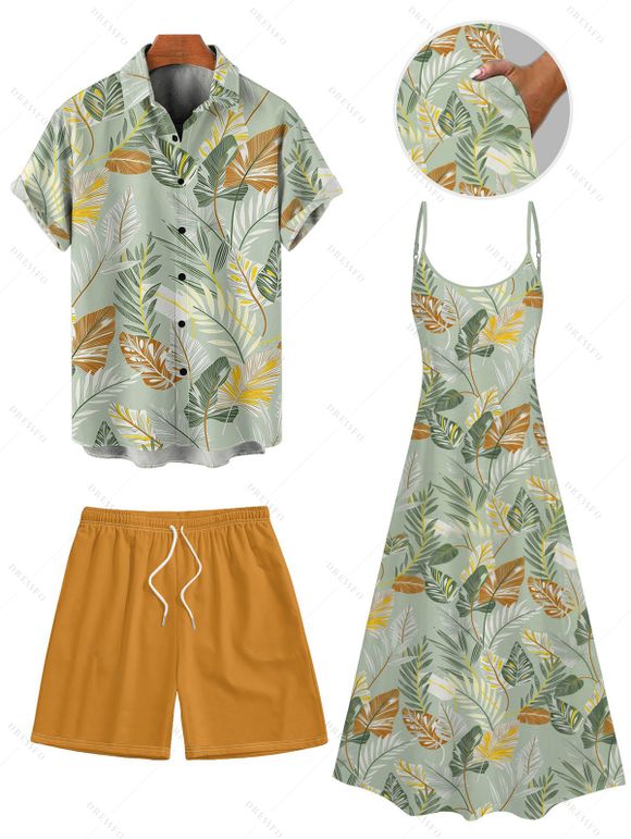 Vacation Couple Outfit Allover Tropical Leaf Pattern Spaghetti Strap Pocket A Line Long Dress and Roll Up Sleeve Shirt Solid Color Drawstring Beach Shorts Matching Outfit - Vert clair S | US 4