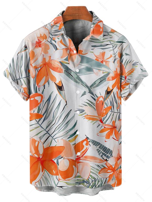 Vacation Couple Outfit Tropical Leaf Flower Pattern Spaghetti Strap Pocket Dress and Roll Up Sleeve Shirt Solid Color Drawstrings Beach Shorts Matching Outfit - Orange S | US 4
