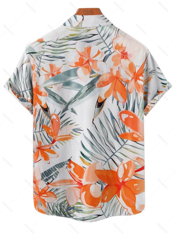 Vacation Couple Outfit Tropical Leaf Flower Pattern Spaghetti Strap Pocket Dress and Roll Up Sleeve Shirt Solid Color Drawstrings Beach Shorts Matching Outfit - Orange S | US 4