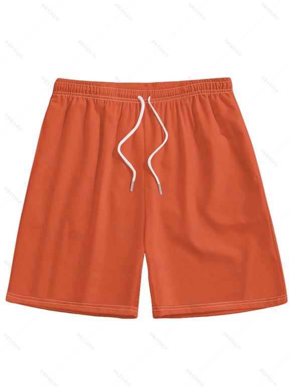 Vacation Couple Outfit Tropical Leaf Flower Pattern Spaghetti Strap Pocket Dress and Roll Up Sleeve Shirt Solid Color Drawstrings Beach Shorts Matching Outfit - Orange S | US 4