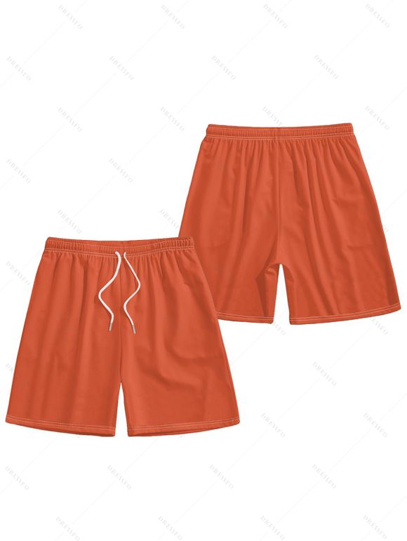 Vacation Couple Outfit Tropical Leaf Flower Pattern Spaghetti Strap Pocket Dress and Roll Up Sleeve Shirt Solid Color Drawstrings Beach Shorts Matching Outfit - Orange S | US 4