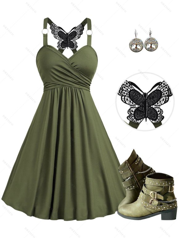 Casual Outfit Solid Color Crossover Butterfly Lace O Ring Strap Ruched Dress and Round Shape Life Tree Pattern Hoop Earrings Rivet Buckle Strap Zip Up Chunky Heel Boots Outfit - Vert profond S | US 4