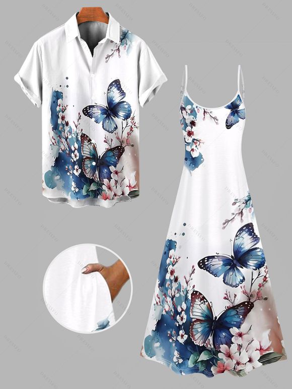 Vacation Couple Outfit Watercolor Ink Butterfly Peach Blossom Pattern Pocket Spaghetti Strap Dress and Roll Up Sleeve Shirt Matching Outfit - Blanc S | US 4