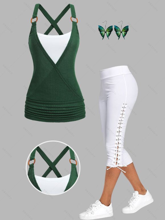 Casual Outfit Colorblock Textured Crossover O Ring Strap Ruched Long Faux Twinset Tank Top Lace Up Capri Pants and Sequins Butterfly Earrings Outfit - Vert profond S | US 4