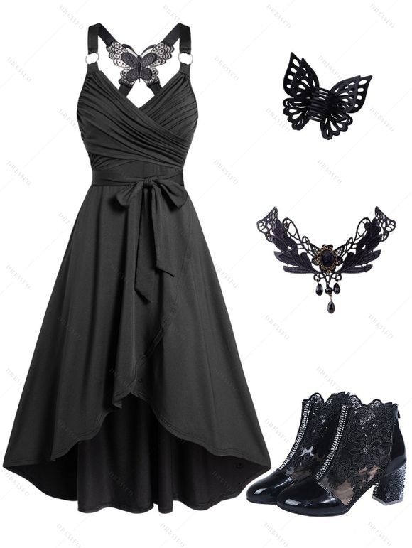 Gothic Outfit Crossover Self Belted Bowknot Tied Dress and Hollow Out Butterfly Hair Claw Beaded Lace Choker Floral Mesh Crystal High Heel Boots Outfit - Noir S | US 4