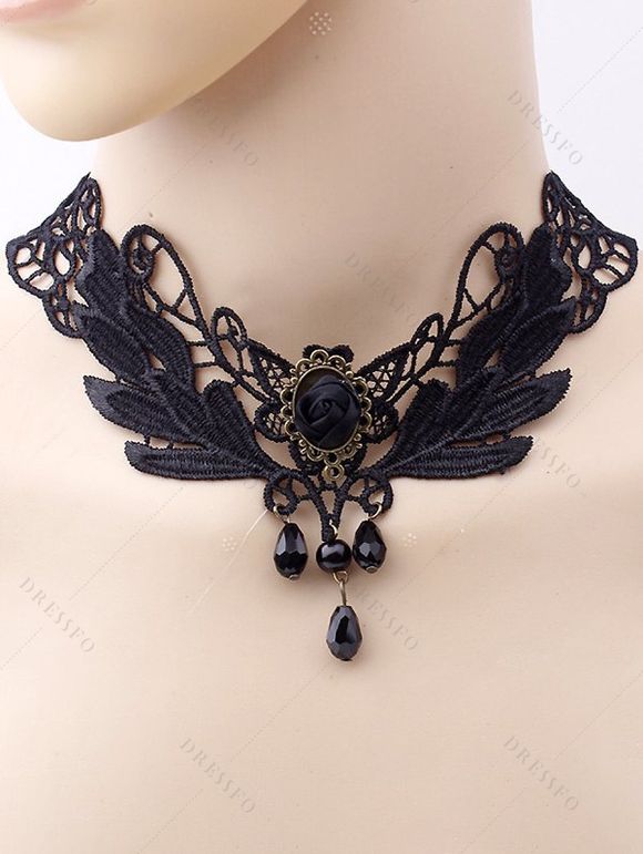 Gothic Outfit Crossover Self Belted Bowknot Tied Dress and Hollow Out Butterfly Hair Claw Beaded Lace Choker Floral Mesh Crystal High Heel Boots Outfit - Noir S | US 4