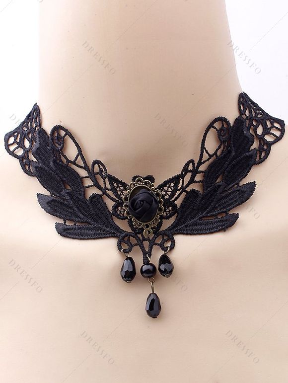 Gothic Outfit Crossover Self Belted Bowknot Tied Dress and Hollow Out Butterfly Hair Claw Beaded Lace Choker Floral Mesh Crystal High Heel Boots Outfit - Noir S | US 4