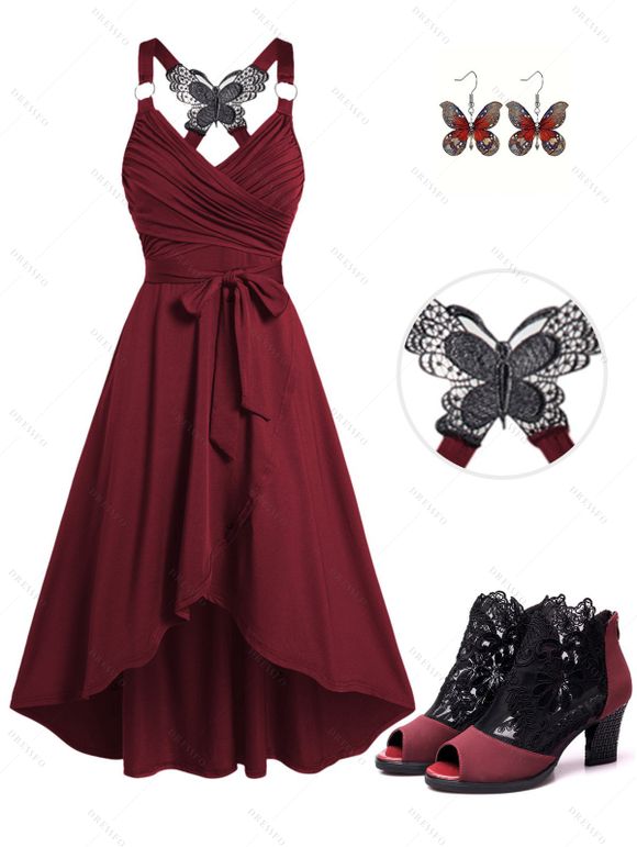 Casual Outfit Solid Color Butterfly Lace Crossover O Ring Strap Self-belted High Low Dress and Butterfly Earrings Zip Up High Heels Open Toe Sandals Outfit - Rouge foncé S | US 4