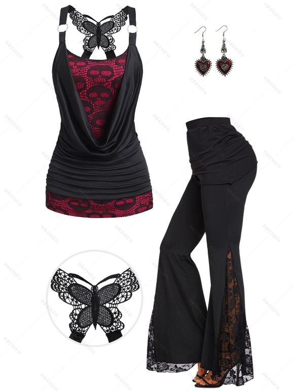 Gothic Outfit Lace Skulls Pattern Drape Colorblock O Ring Strap Butterfly Crossover Faux Twinset Tank Top Cinched Skirted Flare Pants and Heart Rose Rivet Earrings Outfit - Noir S | US 4