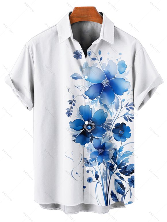 Chemise de Vacances Fleur Feuille Aquarelle Imprimée Boutonnée pour Homme - Blanc XL