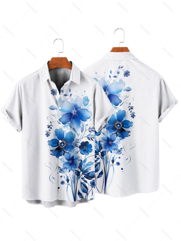 Chemise de Vacances Fleur Feuille Aquarelle Imprimée Boutonnée pour Homme - Blanc 4XL