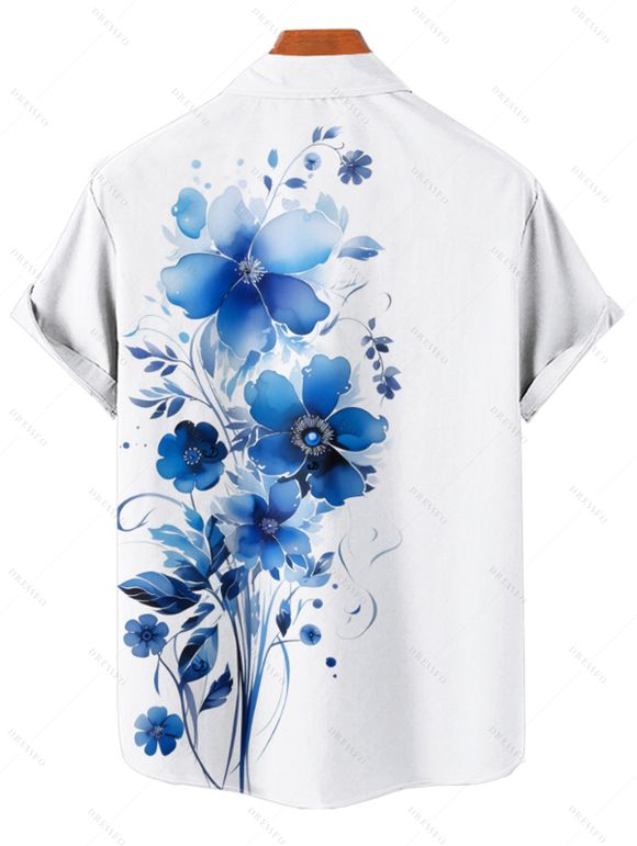 Vacation Couple Outfit Watercolor Leaf Floral Print Spaghetti Strap A Line Long Dress and Roll Up Sleeve Button Up Shirt Matching Outfit - Blanc S | US 4