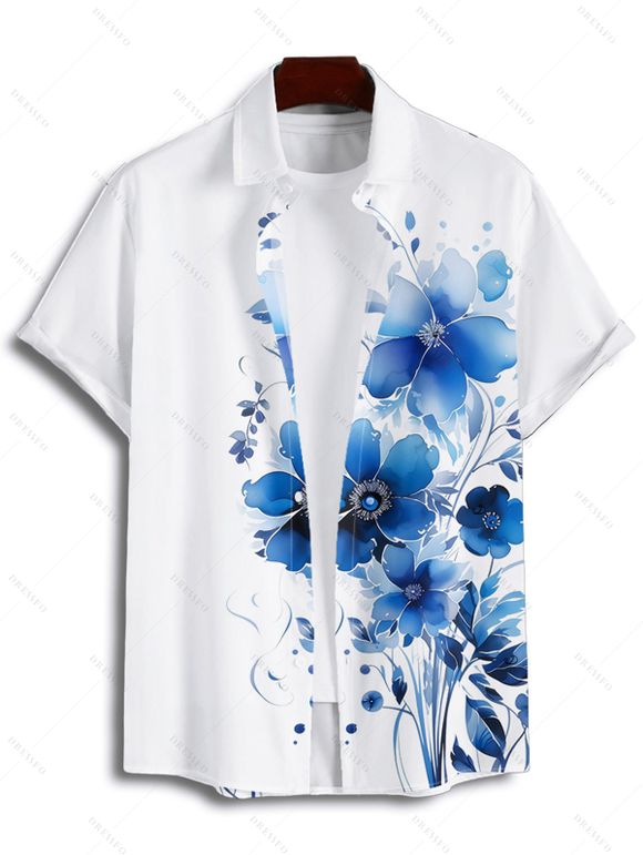 Vacation Couple Outfit Watercolor Leaf Floral Print Spaghetti Strap A Line Long Dress and Roll Up Sleeve Button Up Shirt Matching Outfit - Blanc S | US 4