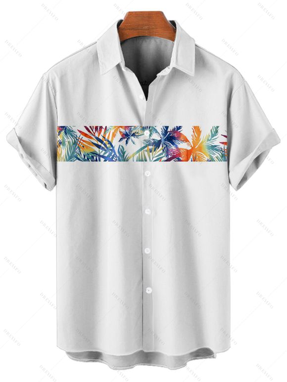 Chemise de Vacances Décontractée Colorée Motif de Feuille de Palmier à Manches Roulées - Blanc XL