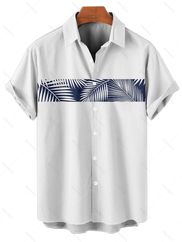 Chemise Décontractée Boutonnée Motif de Feuille de Palmier à Manches Roulées pour Homme - Blanc 4XL